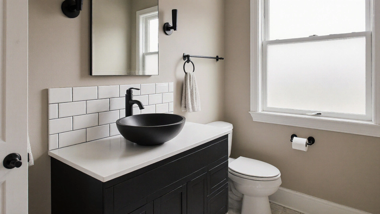 Cohesive bathroom with matching matte black fixtures, white subway tile, and neutral tones in natural light.