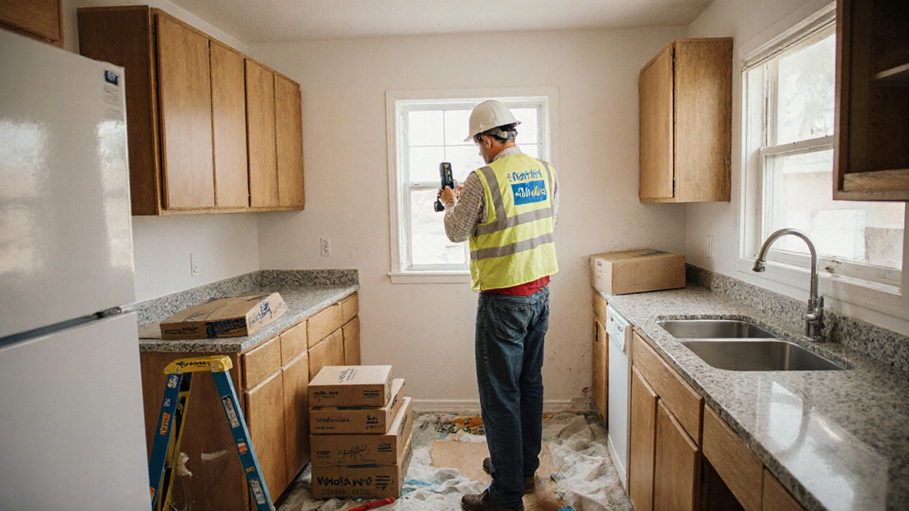 Contractor installing new kitchen cabinets in a home, old cabinets being removed nearby.