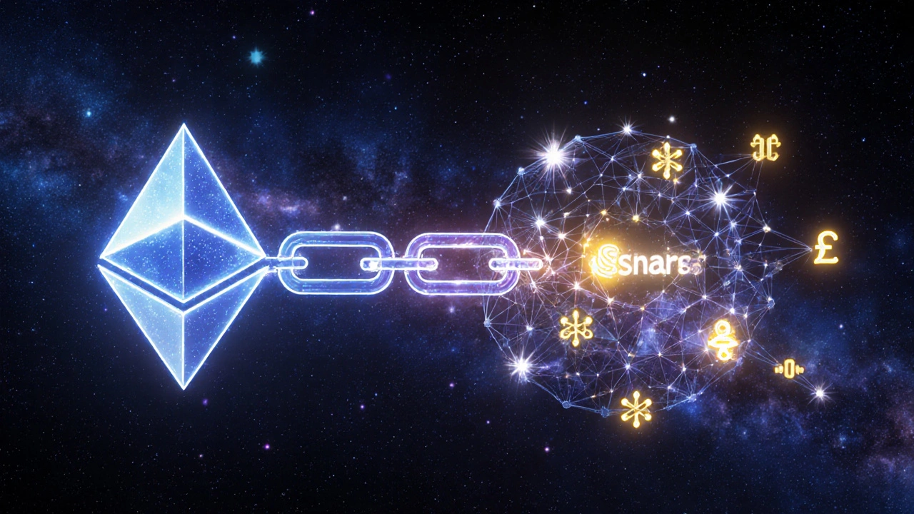 Cross-chain verification with zk-SNARK proofs linking Ethereum and Solana networks in a cosmic space.