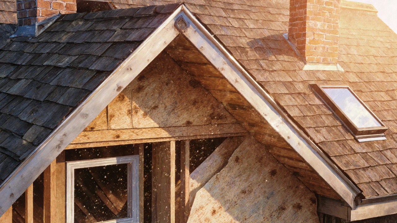 Cross-section of a roof showing damaged decking, synthetic underlayment, and shingles with flashing around a chimney.