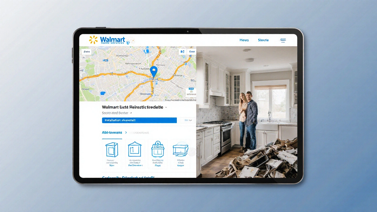 Digital tablet showing Walmart Home Services booking screen with kitchen installation progress.