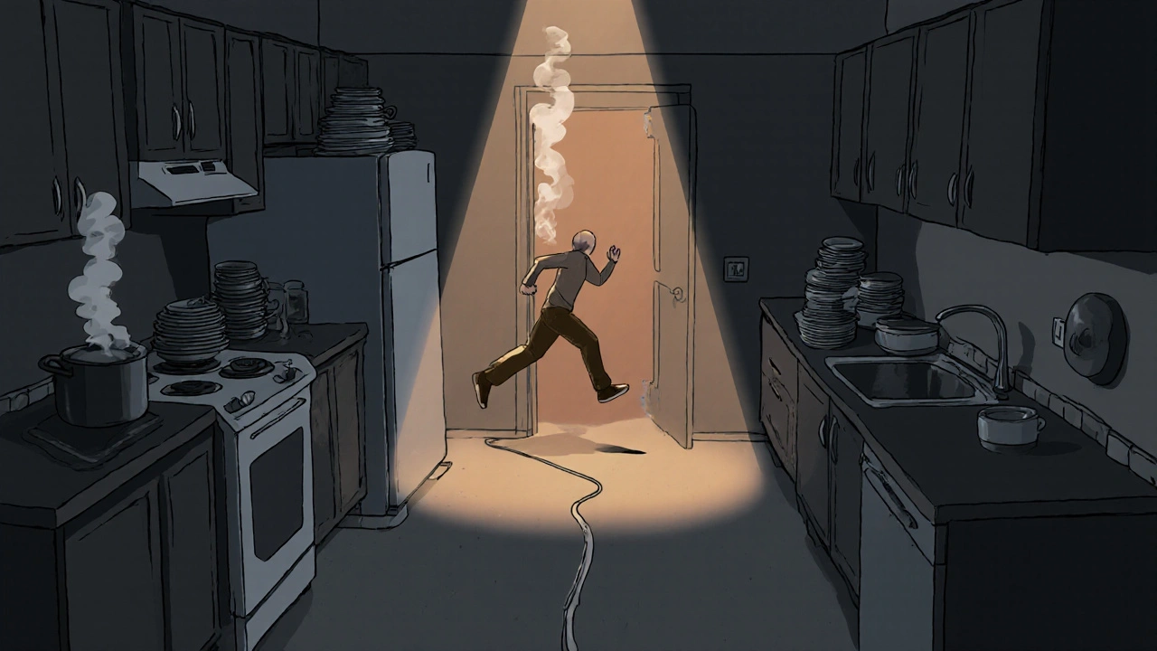 Exhausted person jogging between distant fridge, stove, and sink in a poorly designed kitchen with clutter.