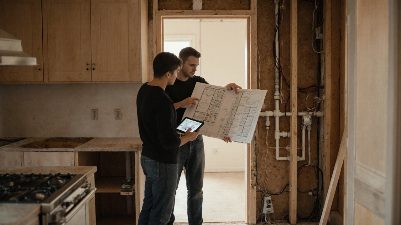 Kitchen designer using a tablet to guide a carpenter in a partially renovated space with exposed utilities.