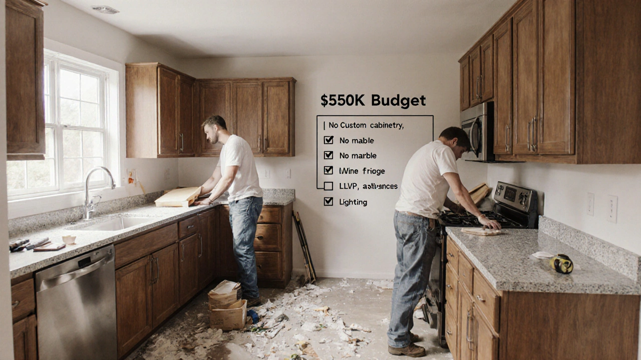 Kitchen renovation in progress with installers fitting quartz countertops and cleared demolition debris.