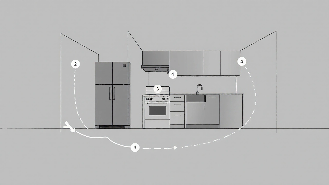 L-shaped kitchen layout showing appliance positions forming a perfect work triangle in architectural diagram style.