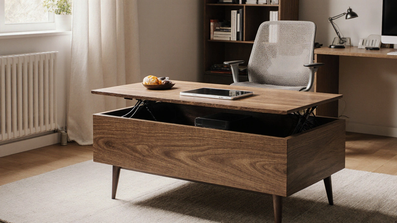 Lift-top coffee table with charging station and hidden cables in a home office nook