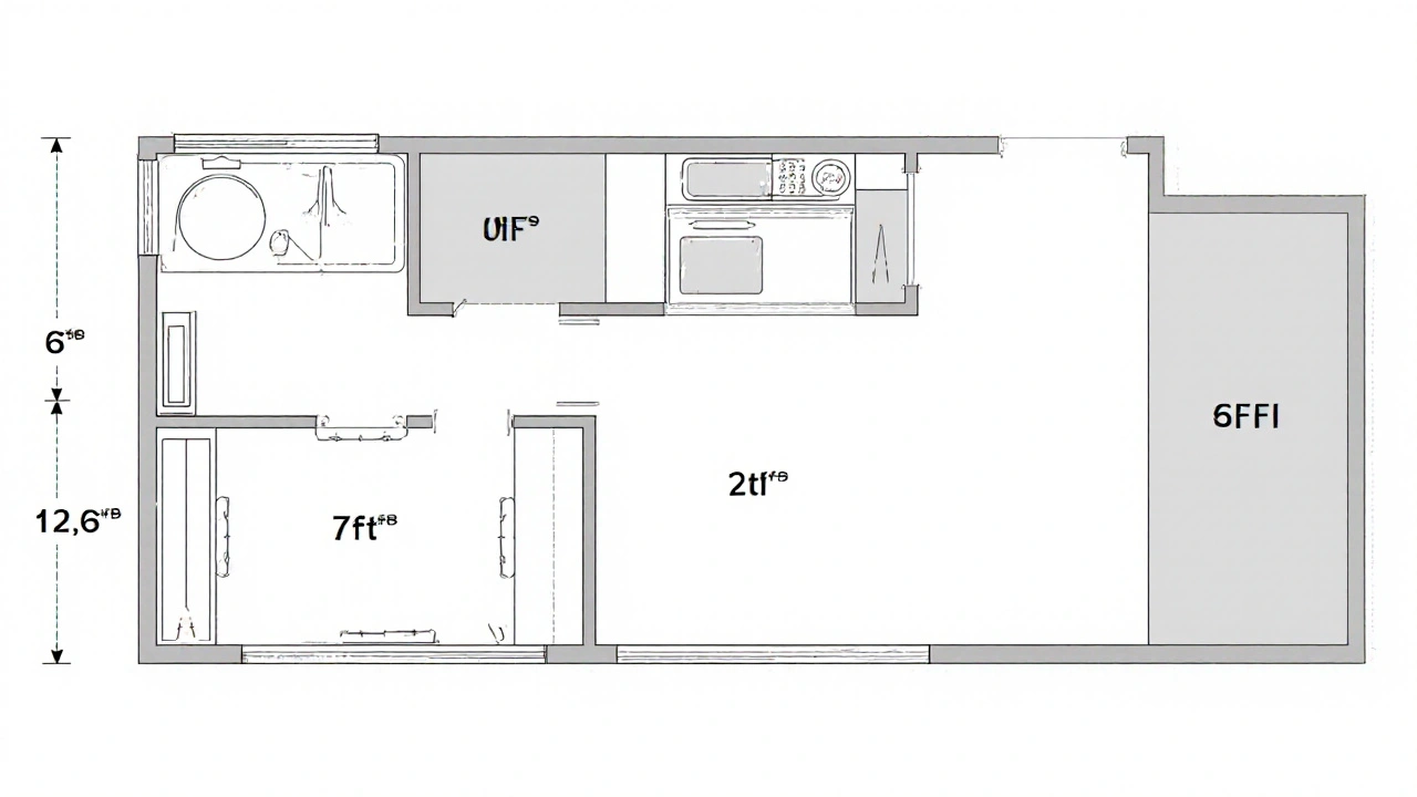 Minimalist floor plan of an L-shaped kitchen showing the ideal triangle between sink, stove, and fridge with labeled distances and clear movement flow.