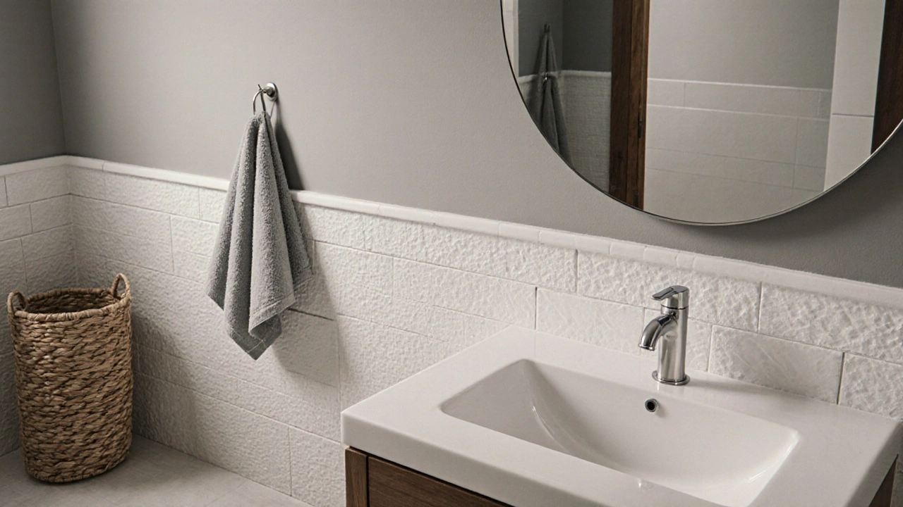 Minimalist gray bathroom with textured tile and chrome fixtures, exuding quiet luxury.