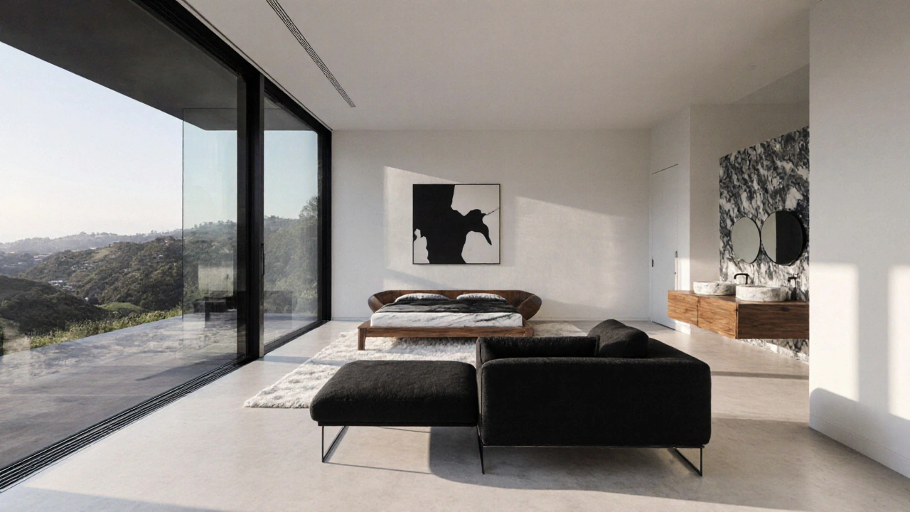 Minimalist modern home with floor-to-ceiling glass, walnut furniture, and monochrome tones.