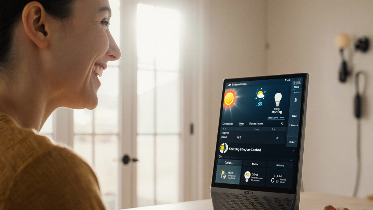 Person using Echo Show as morning routine activates smart lights and lock.