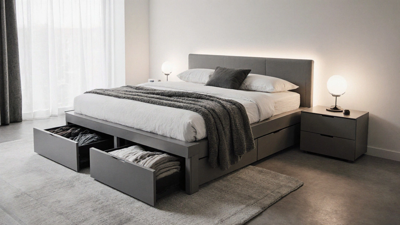 Platform bed with four under-bed drawers storing winter clothes in a small bedroom