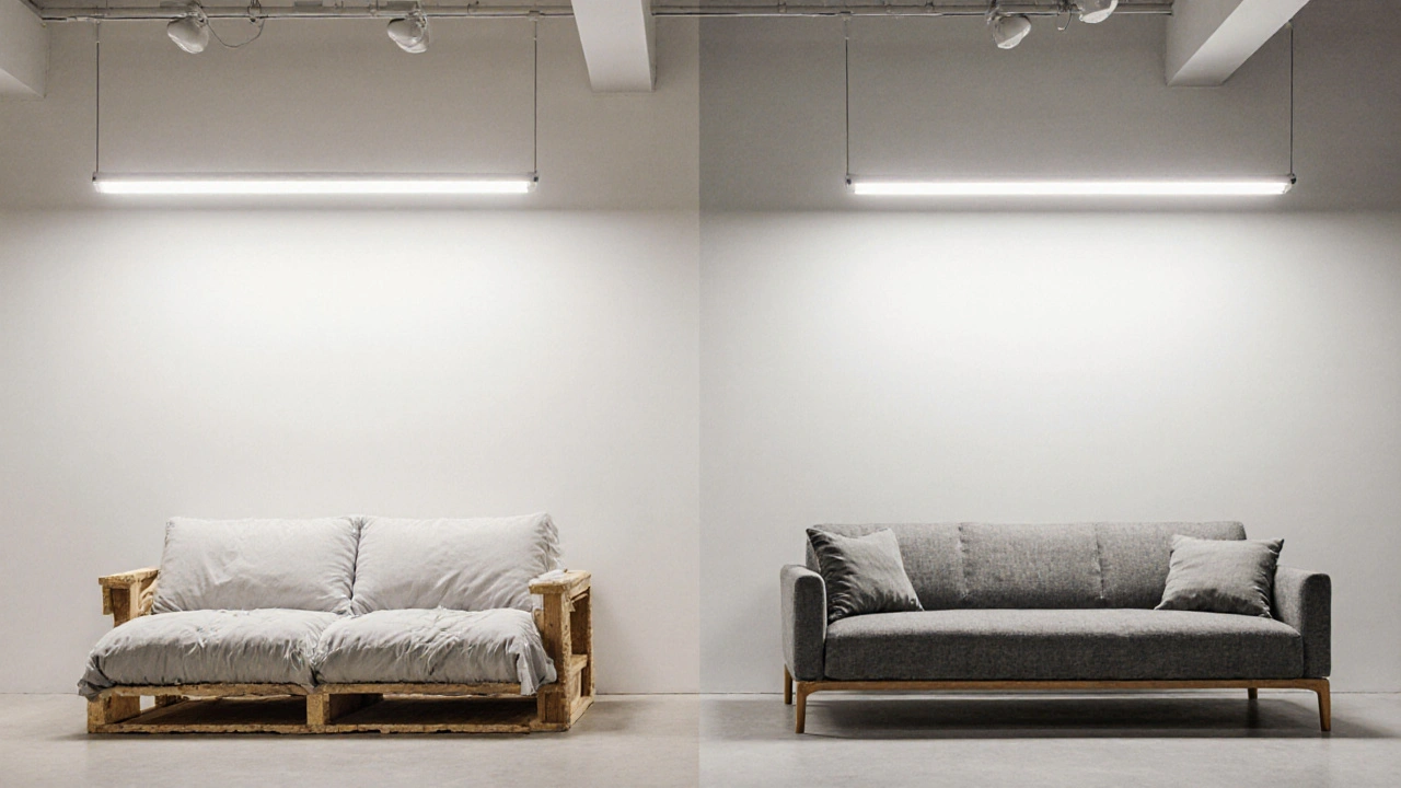 Side-by-side comparison of a cheap sofa versus a high-quality sofa in a showroom, highlighting construction differences.