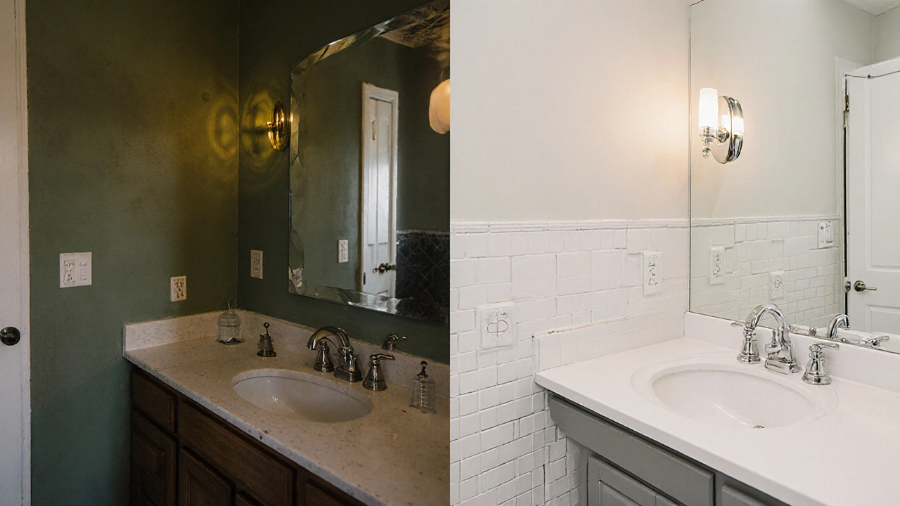 Side-by-side view of a dated green bathroom transformed into a modern neutral space.