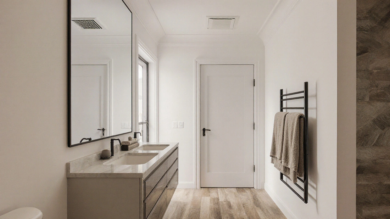 Small bathroom with wall-mounted vanity, full-height mirror, and wood-look tiles for an airy, luxurious feel.