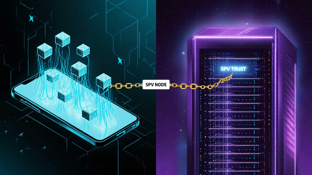Split illustration: smartphone with block headers vs. server rack representing full node, connected by golden chain.