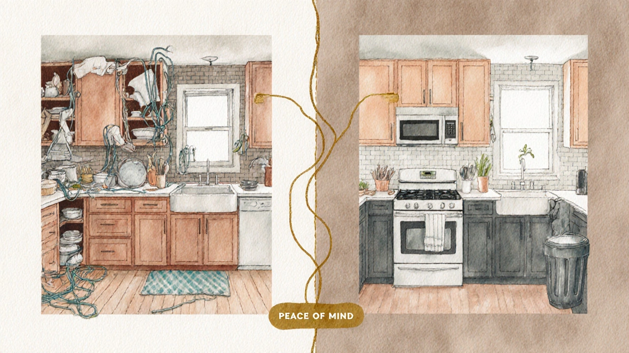 Split image: chaotic DIY kitchen vs. organized professional design, connected by a golden thread labeled &#039;Peace of Mind&#039;.