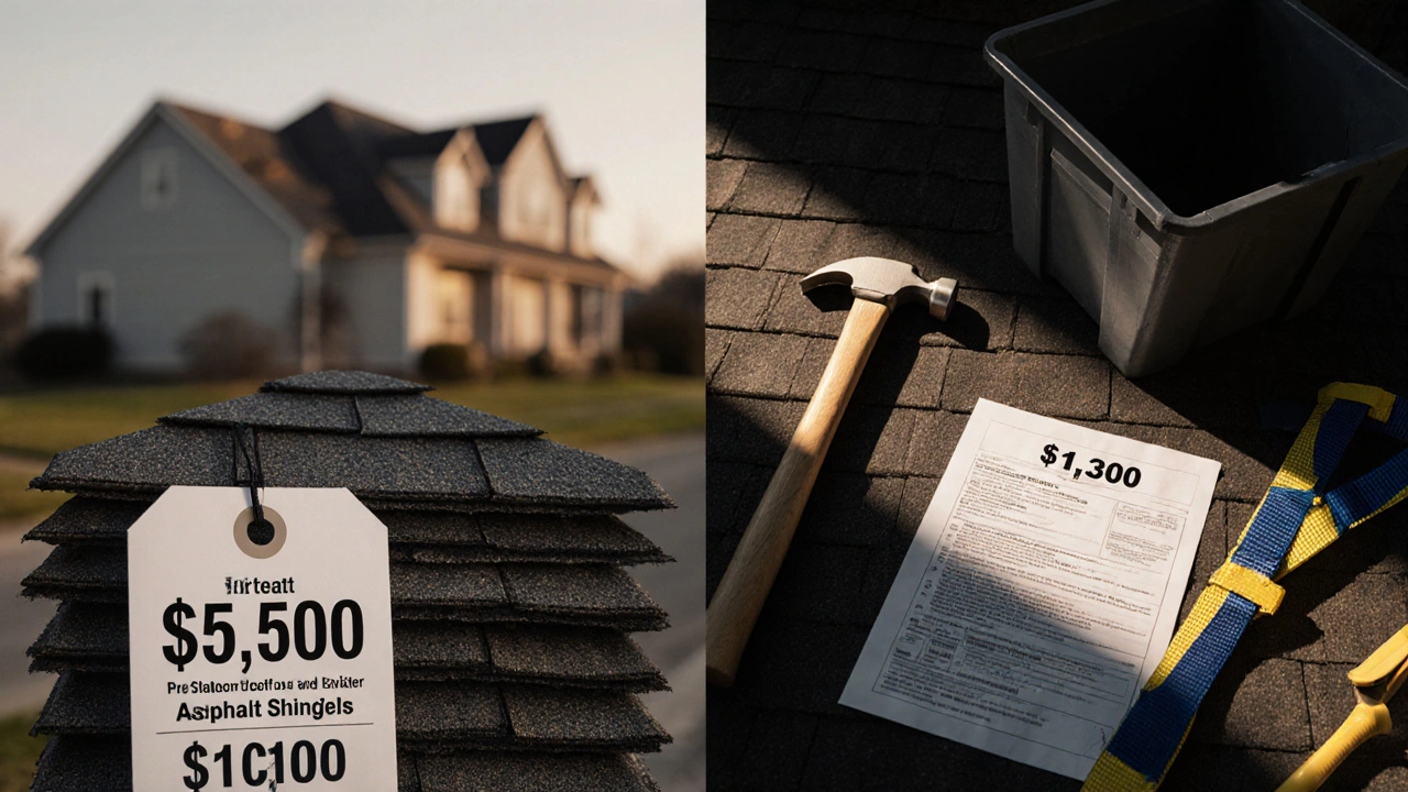 Split image comparing cost of shingles versus labor materials and equipment for roof replacement.