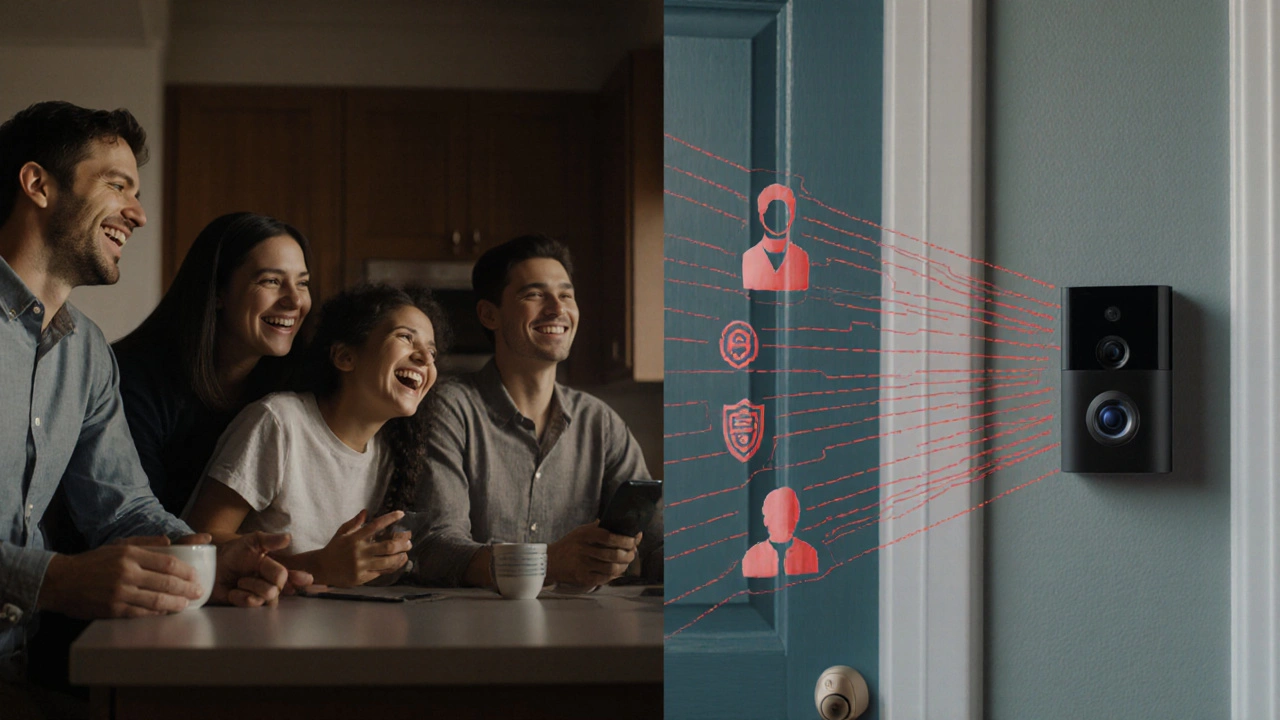 Split scene showing a family using smart devices while invisible data connects them to corporations and law enforcement.