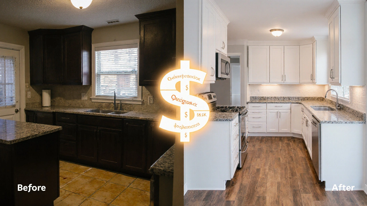 Split-screen comparison of outdated 1990s kitchen transformed into a modern 2025 design.