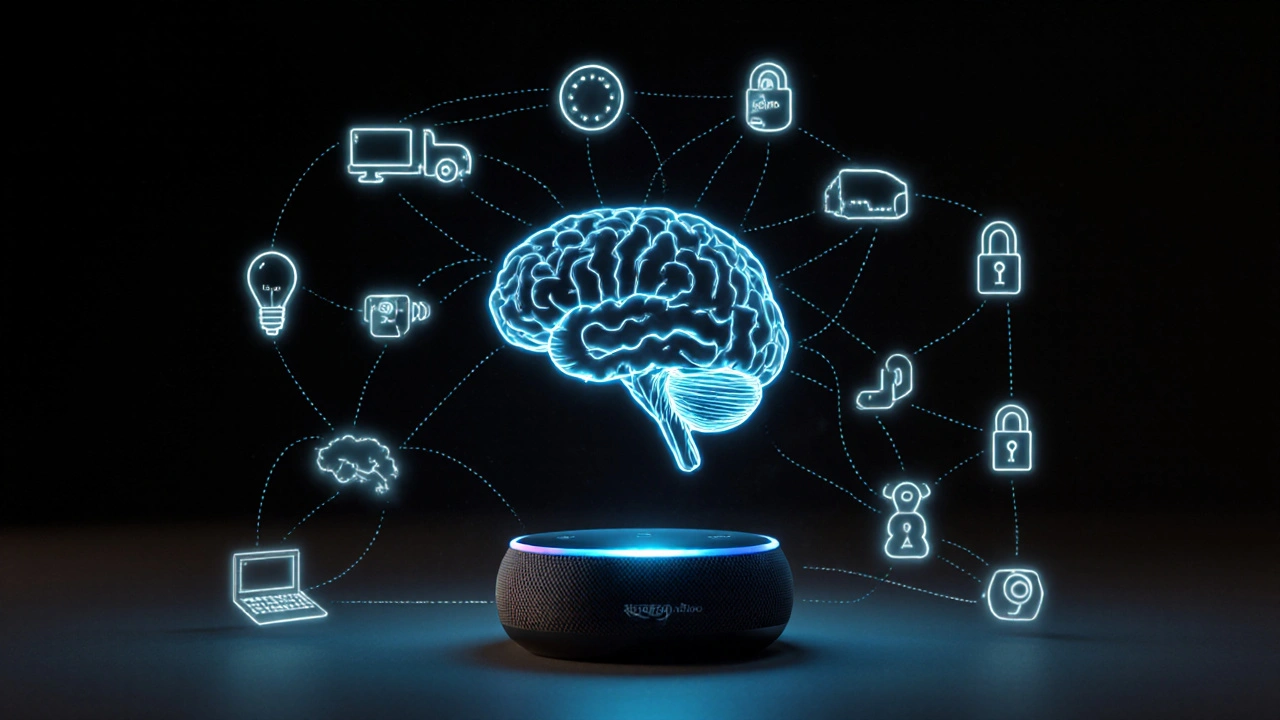 Transparent brain overlaid on Echo Show, connected to smart home devices.