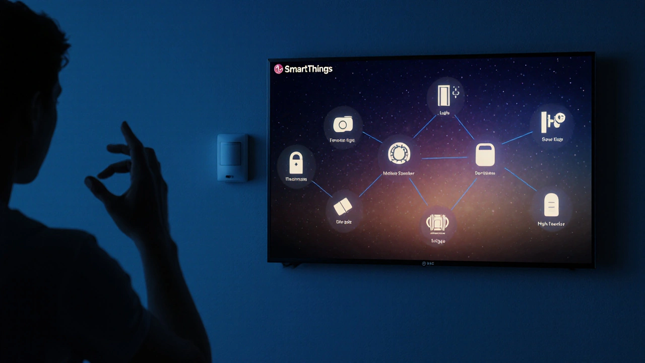 TV screen showing smart home controls for lights, thermostat, and door locks via an app interface.