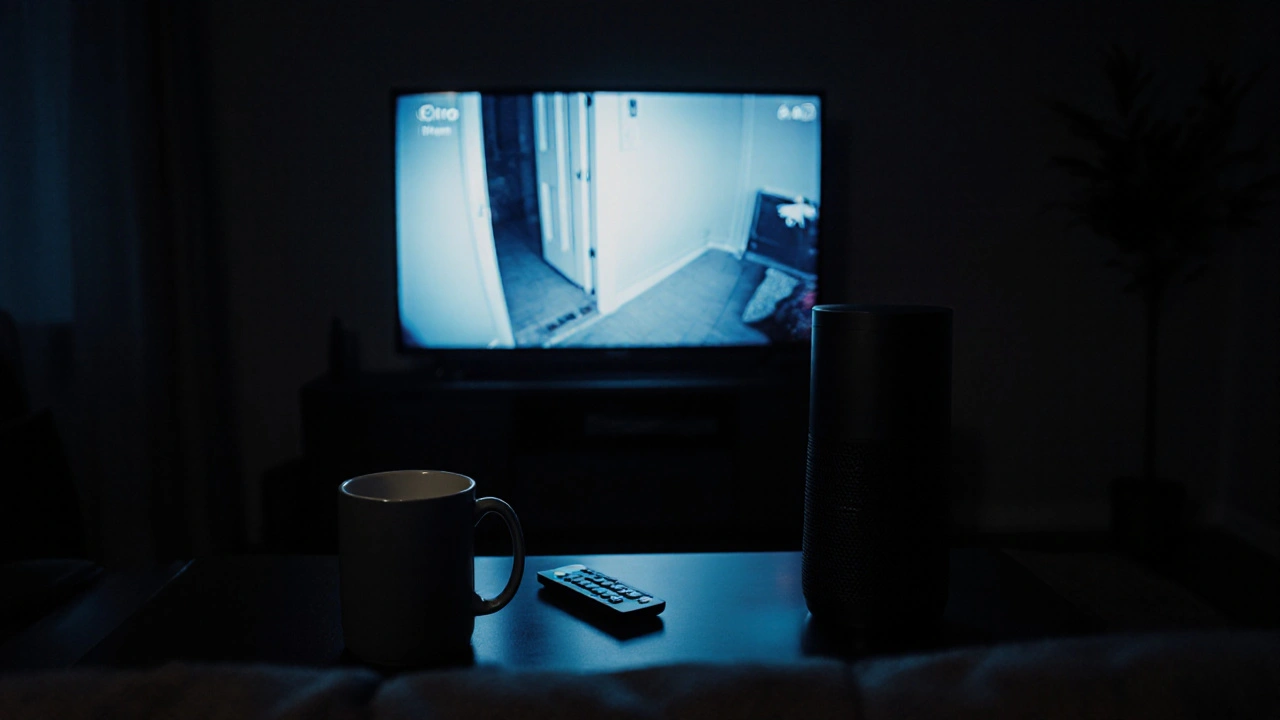 TV showing a doorbell camera feed in a dark room, illuminated by blue screen light at night.