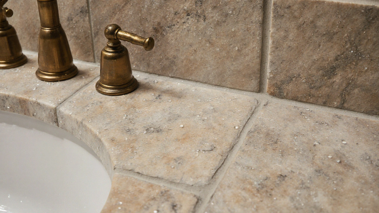 Warm travertine stone floor with natural veining and subtle patina.