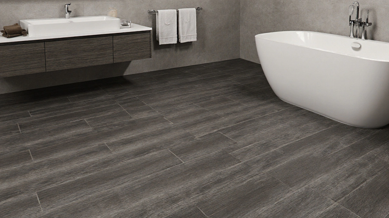 Wood-look porcelain planks in charcoal tone with minimal grout lines.
