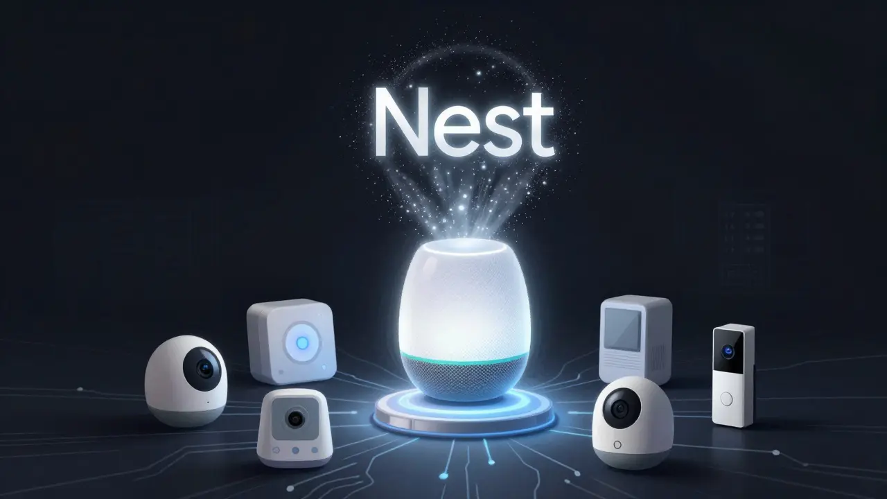 A fading Nest logo transforming into a Google Home logo with data streams connecting smart devices.