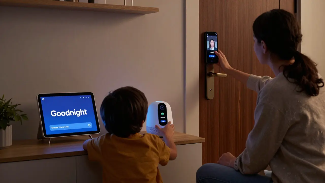 A family using voice commands to trigger personalized routines with Google Assistant versus a generic response from Alexa.