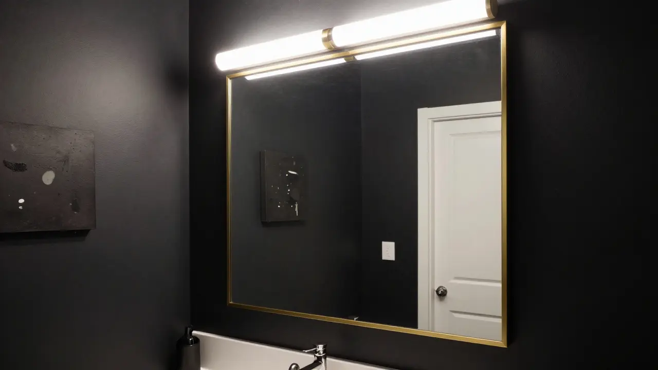 A framed mirror with LED lighting and a dark wall, accented by a small painting.