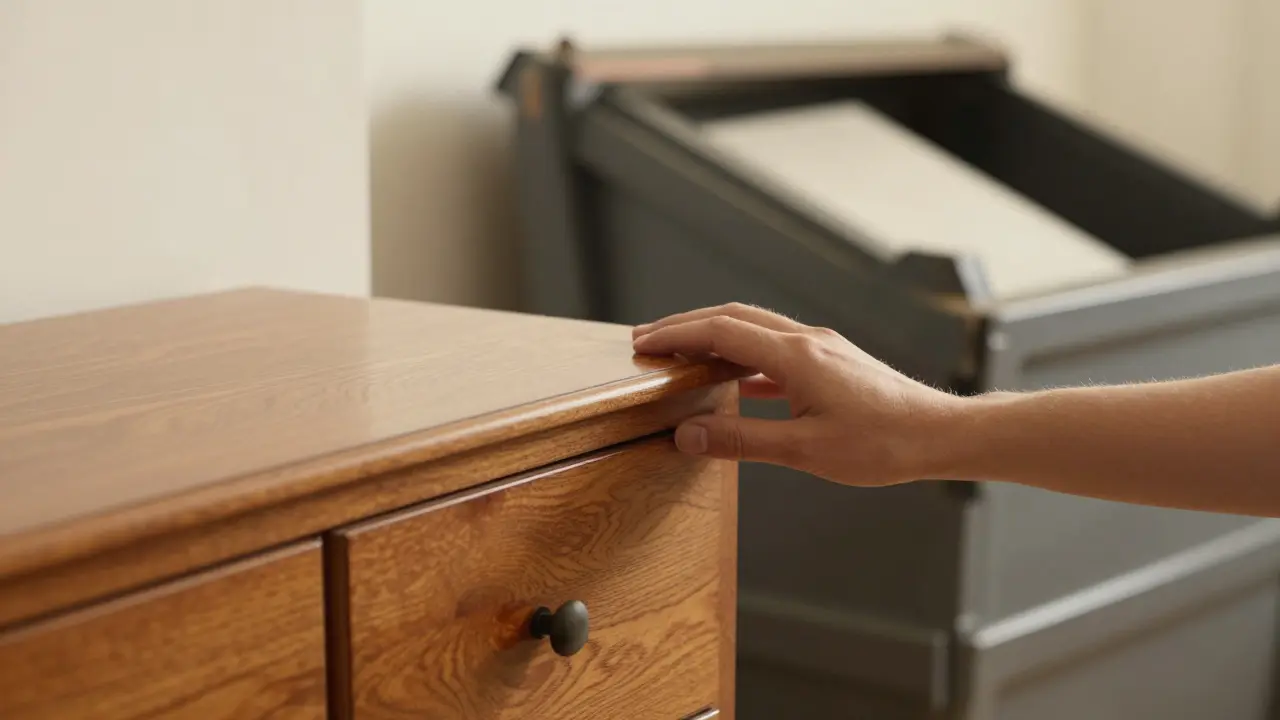 A hand touching a finely crafted dovetail joint on a vintage dresser, with discarded fast furniture in the background.