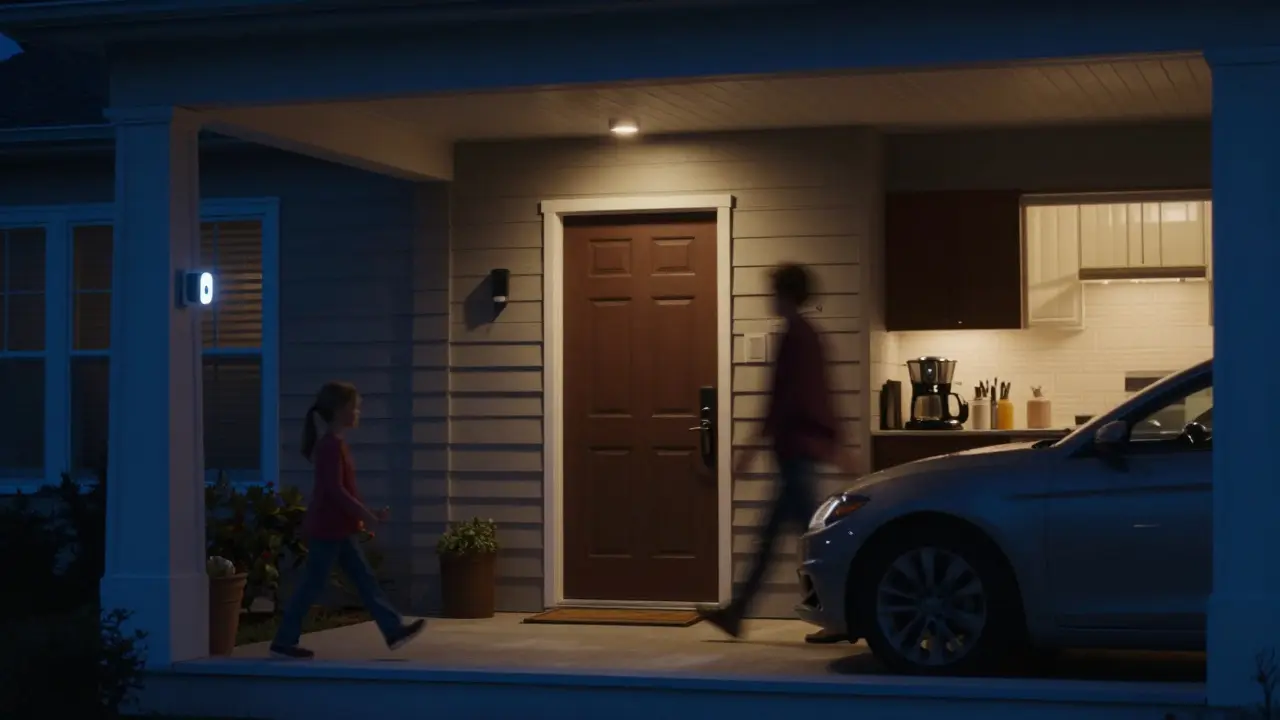 A house at night with automatic door unlock, hallway lights turning on, and coffee brewing as a car arrives.
