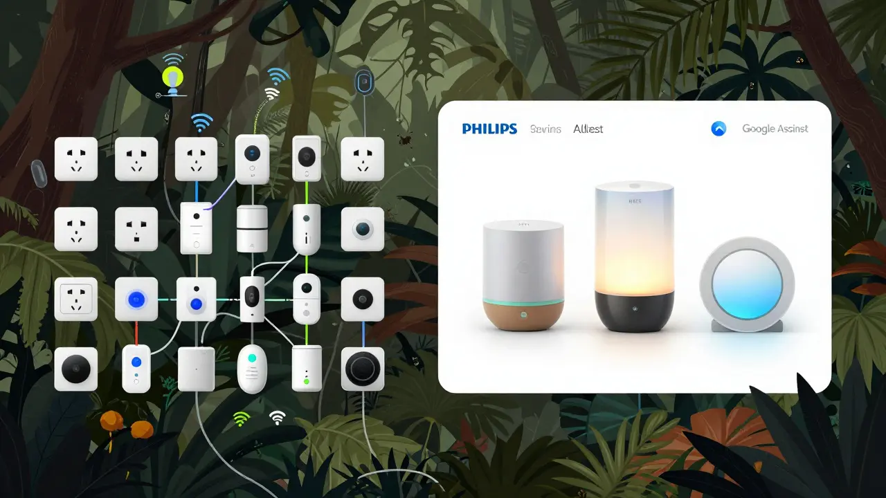 A jungle of smart devices connected to Alexa versus a clean setup with Google Assistant and major brands.