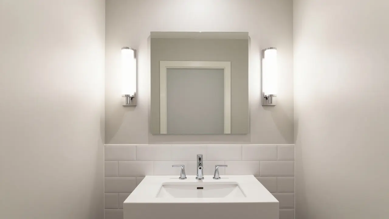 A square, frameless mirror with side lighting, offering full facial reflection in a modern small bathroom.