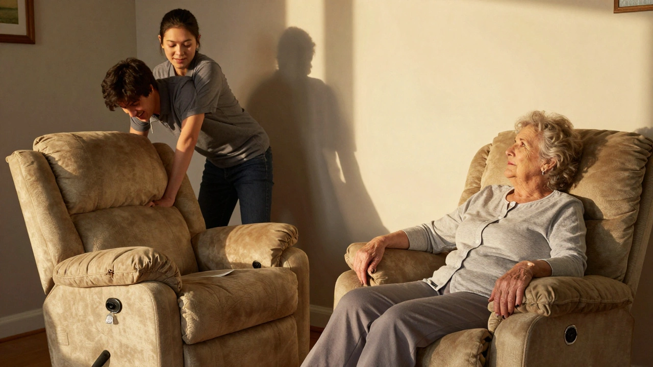 An elderly woman standing easily from a Lazy Boy recliner while another person struggles with a sagging Ashley chair in the background.