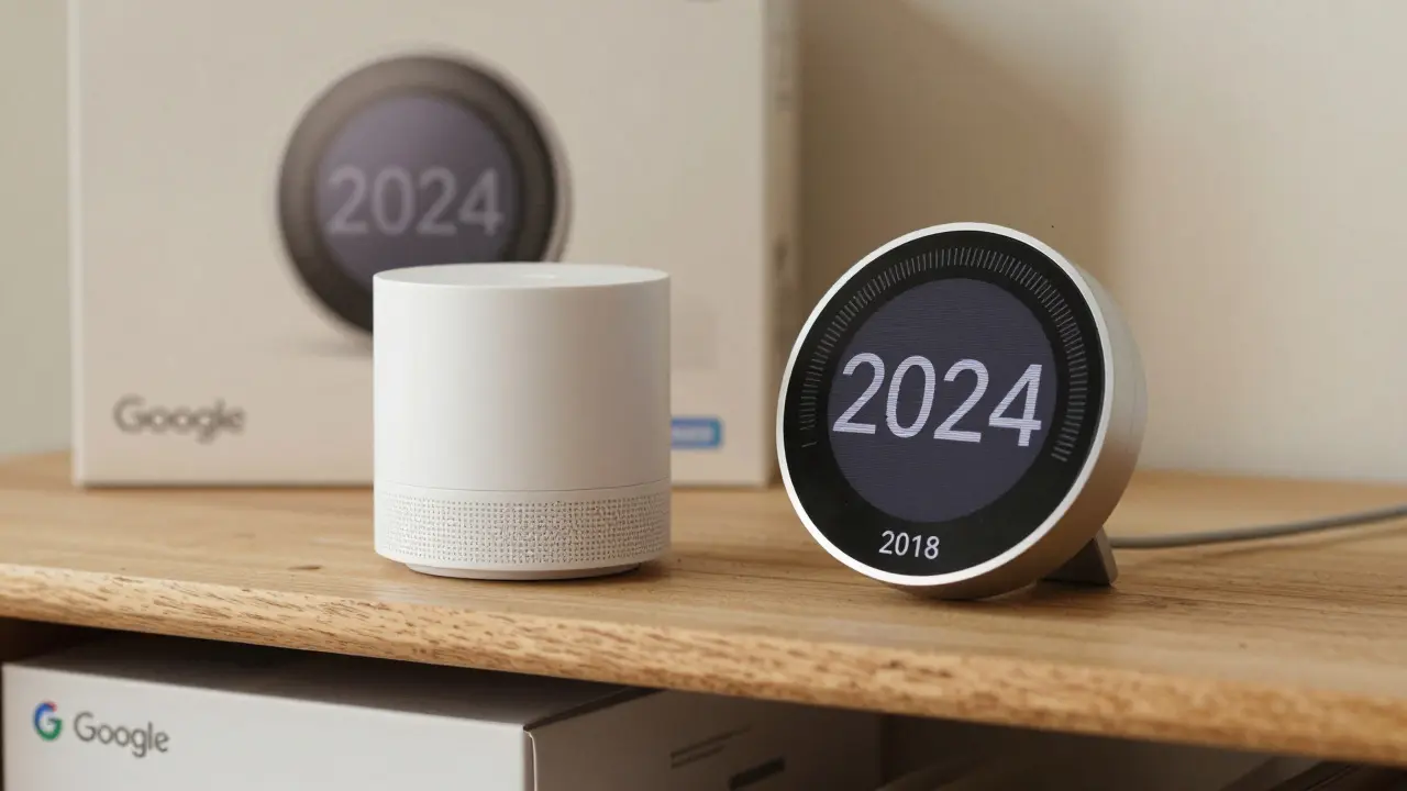An old Nest Thermostat next to a new Google Thermostat on a shelf, symbolizing brand transition.