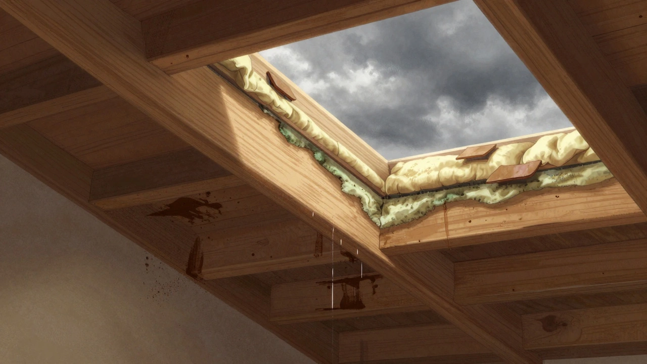 Attic interior with water stains, mold, and sunlight leaking through roof damage.