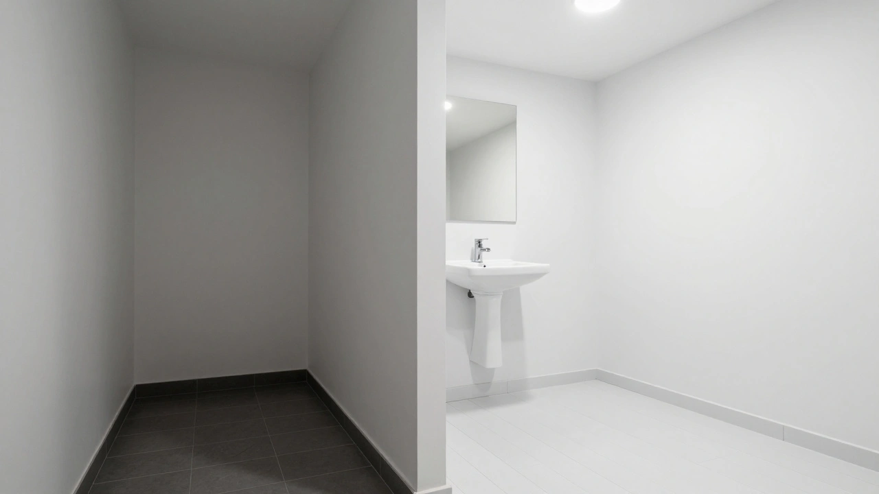 Before-and-after view of a small bathroom: dark floor on left, light floor on right, showing how color transforms perceived space.