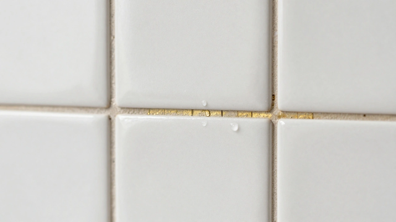 Close-up of handmade white ceramic tiles with slight surface variations and a single brass accent row, soft shadows enhancing depth.