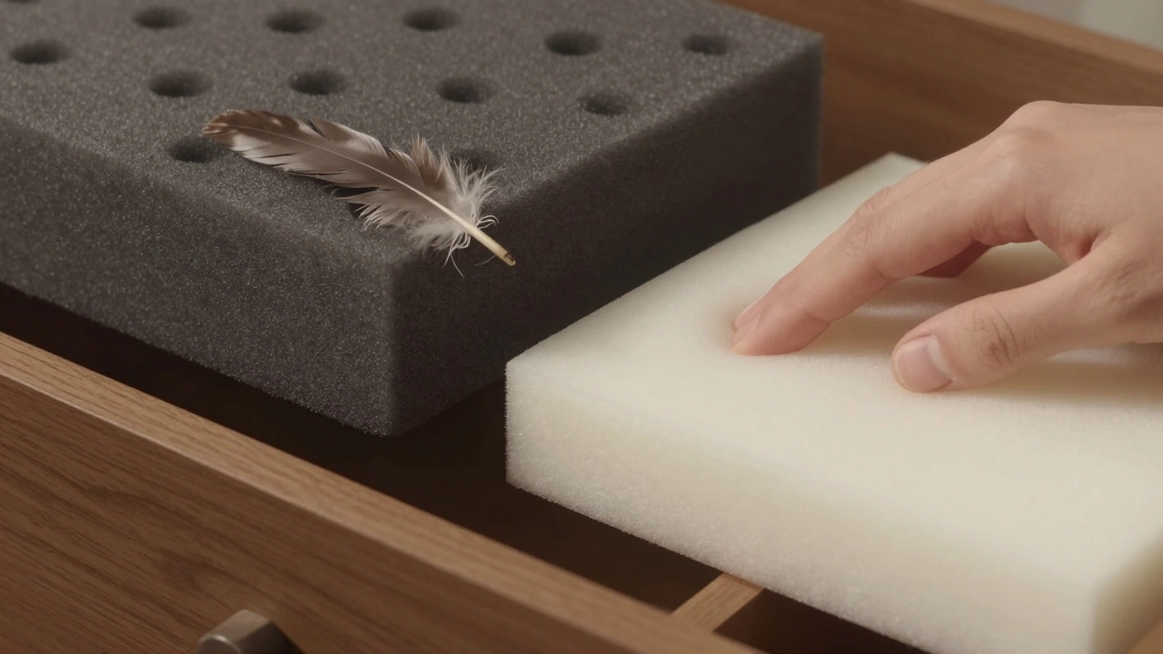 Close-up of high-resiliency foam versus compressed low-density foam