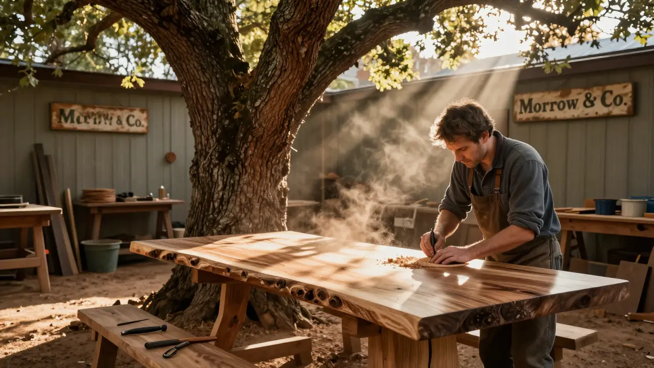 Craftsman hand-finishing a live-edge oak dining table in a quiet Oregon workshop