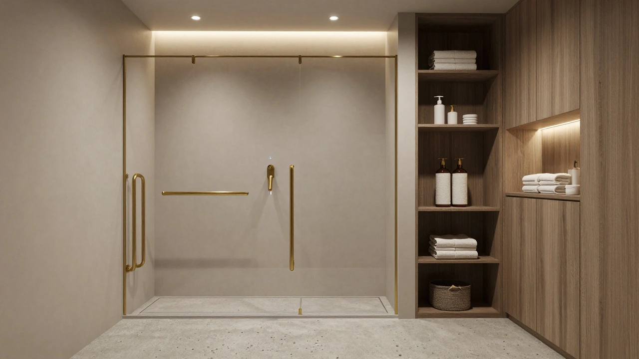 Curbless shower with brushed brass grab bars and hidden storage in neutral tones.