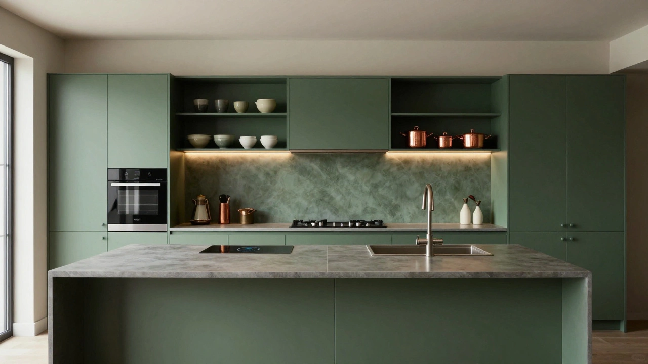 Deep island with integrated features and selective open shelving displaying pottery and copper pots.