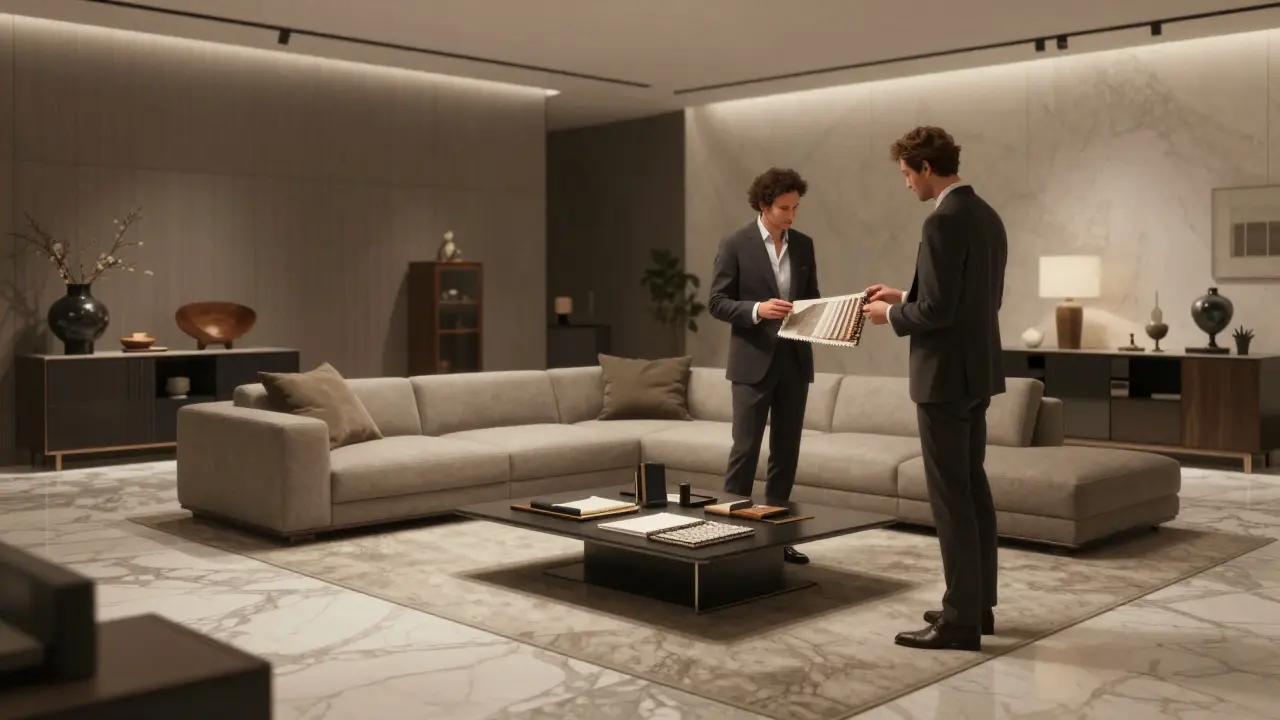 Designer reviewing fabric swatches in a high-end Milan showroom with vintage furniture