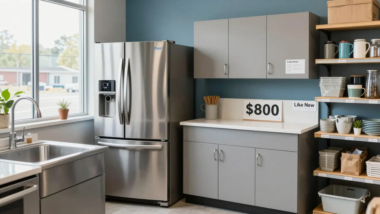 Gently used appliances and cabinetry displayed at a ReStore, labeled with affordable prices.