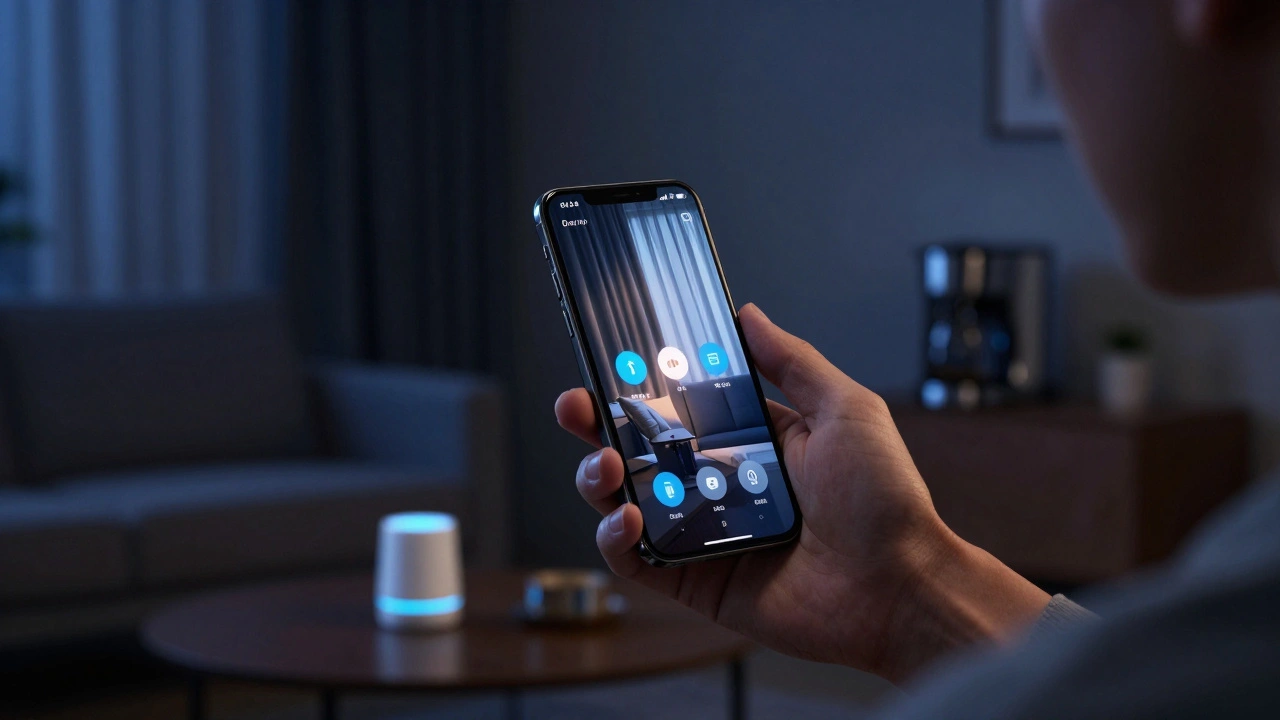 Hand holding phone in dim room, triggering automated lights, curtains, and coffee maker.