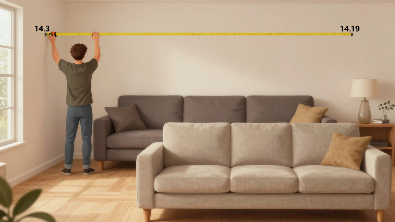 Homeowner measuring a wall to apply the two-thirds rule for sofa sizing.