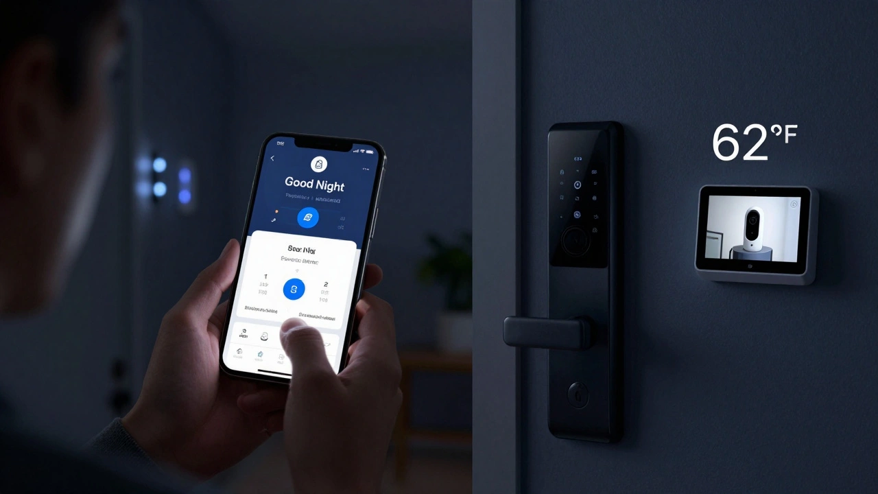 Homeowner triggering smart home automation for night-time security and comfort.