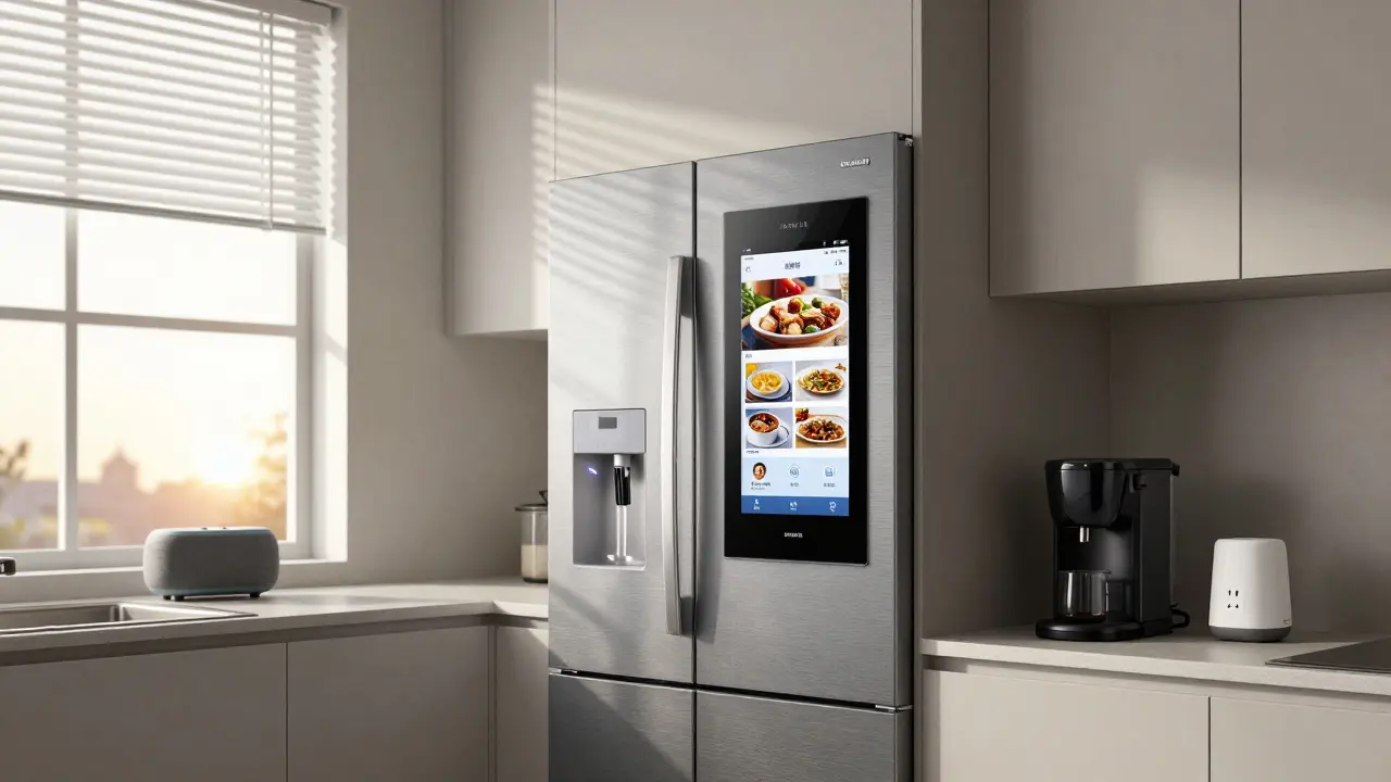 Kitchen with smart fridge displaying recipes, closing blinds, and coffee maker turning on automatically.
